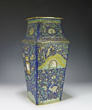 Large And Unusual Antique Chinese Four Sided Cloisonne Vase With Gilt Wire