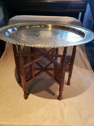 Vintage Brass Table Tray Carved Wooden Base