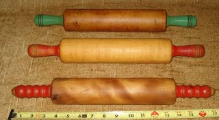 3 Depression Era Antique Vintage Wood Rolling Pins - 2 Red And 1 Green Handles