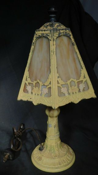 Antique 6 Panel Slag Art Glass Table Lamp 1920s Polychrome Crafts Worn Paint Old