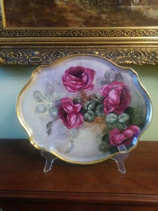 Antique Jpl Limoges France Porcelain Plate/tray Hand Painted Roses.