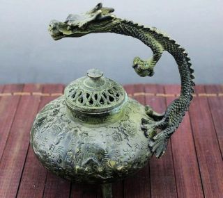 Antique Chinese Fengshui Bronze Dragon Handle Incense Burner Statue Xuande Mark