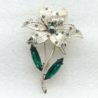 Signed Dodds Vintage Lily Flower Brooch Pin Green Navette Ab Rhinestone Jewelry