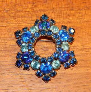 Vintage Signed Weiss Blue Jeweled Crystal Rhinestone Brooch Pin