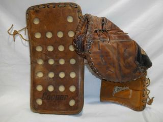 Vintage Cooper Brown Leather Hockey Goalie Blocker And Glove Set Gm12
