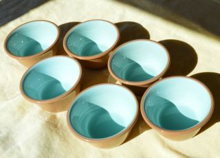 6 VTG Taylor Smith Taylor Chateau Buffet USA Tan w Turquoise Custard Berry Cups 3