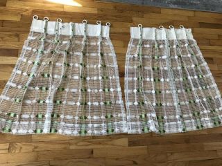 Vintage Curtains Drapes Pleated Woven Green 2 Panels Retro Boho See Through Mod