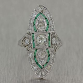 1930s Antique Art Deco Platinum 1.  50ctw Diamond Emerald Cocktail Ring