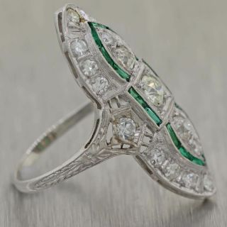 1930s Antique Art Deco Platinum 1.  50ctw Diamond Emerald Cocktail Ring 2