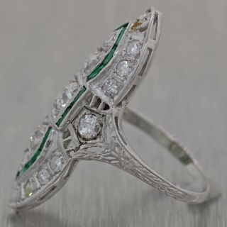 1930s Antique Art Deco Platinum 1.  50ctw Diamond Emerald Cocktail Ring 3