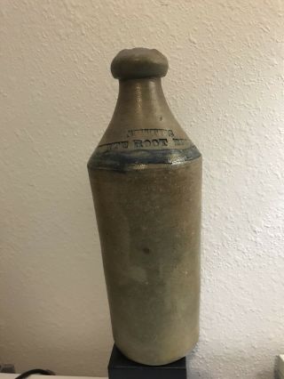 Antique Stoneware Bottle,  Smiths White Root Beer,  With Blue Stripe On Shoulder.