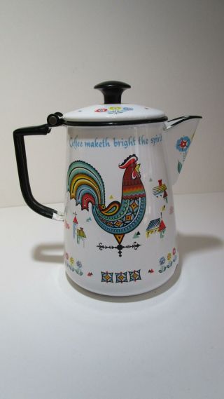 Vintage Berggren Enamel Coffee Pot Coffee Maketh Bright The Spirit Rooster