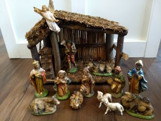Antique Vintage Christmas Nativity Set 11 Figures Made In Italy W/ Manger Creche