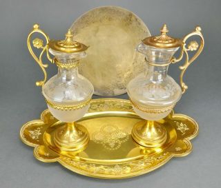 Fine Antique French Sterling Silver Gilt Gold Gothic Chalice Paten Communion Set 3