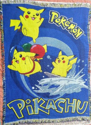 Pokemon Vintage Throw Blanket Tapestry Pikachu Surfing 44x52 Knit Retro Vtg 1999