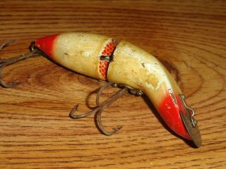 Vintage Fishing Lure Wooden Heddon Baby Game Fisher 5400 Red Head White C.  1924