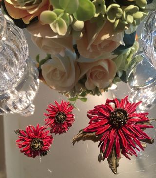 Vintage Corocraft Jewelry Set Ename Chrysanthemums Brooch &earrings