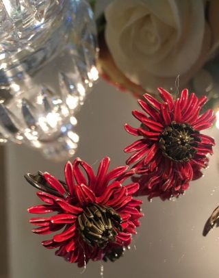 Vintage COROCRAFT Jewelry Set Ename Chrysanthemums Brooch &Earrings 3