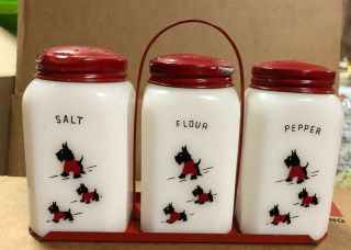 Vintage White Milk Glass Red/black Scotty Dog S&p Flour Shakers Red Metal Holder