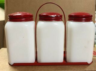 Vintage White Milk Glass Red/Black Scotty Dog S&P Flour Shakers Red Metal Holder 2