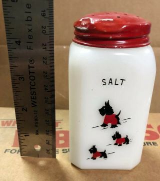 Vintage White Milk Glass Red/Black Scotty Dog S&P Flour Shakers Red Metal Holder 3