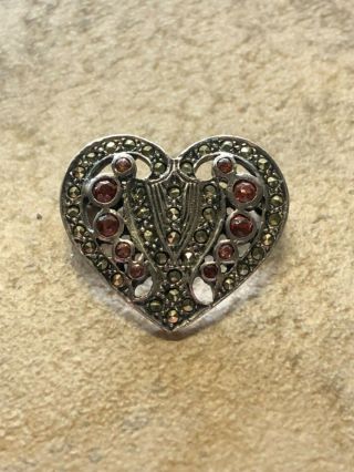 Vintage Sterling Silver 925 Heart Pin With Garnet And Marcasite Accents