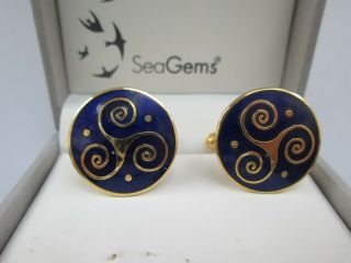 Vintage Signed Celtic Sea Gems Sapphire Enamel Triskele Gentlemens Cufflinks