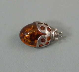 Vintage Sterling Natural Baltic Cognac Amber Beetle Insect Brooch Pin