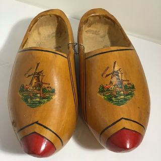 Vintage Dutch Wooden Shoes Clogs Holland Hand Carved Painted Windmill Wood