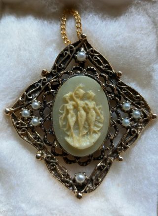 Vintage Square Three Graces Cameo Pin Necklace Pendant Faux Pearl Antique Style