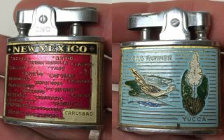 Vtg Flat Enamel Lighter.  Map Of Mexico.  Pic Of A Roadrunner N A Yucca Plant