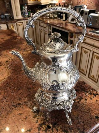 Fine Antique Sterling Silver England Tea Kettle With Stand 3