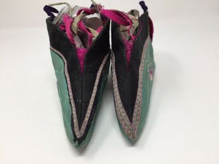 Rare Antique Chinese Lotus Bound Feet Embroidery Shoes/Slippers Green Some Laces 2
