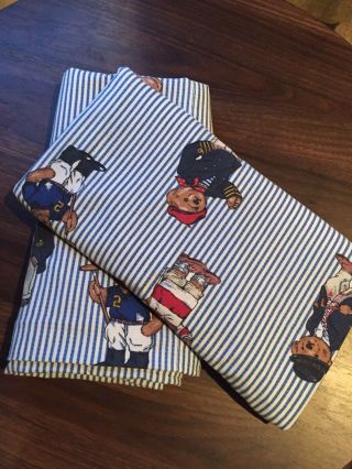 Vtg Ralph Lauren Polo Teddy Bear Pair Set 2 King Size Pillow Cases Blue Stripe