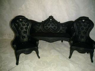 Vintage Cast Iron Dollhouse Couch With 2 Wing Back Chairs