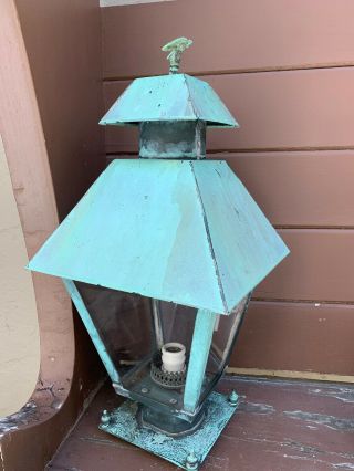 Outdoor Antique Aged Copper Lantern Exterior Post Lamp Light Fixture Large Vtg