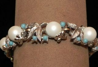 Vintage Sarah Coventry Turquoise Blue & White Bead Silver Tone Leaf 7 " Bracelet