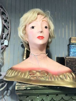 Antique Vintage Art Deco Lady Head Mannequin Display Plaster Millinery