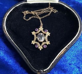 Antique Edwardian 9ct Gold Amethyst & Seed Pearl Lavaliere Pendant & Chain