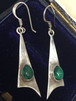 Vintage Sterling Silver Natural Malachite Modernist Hook Dangle Earrings