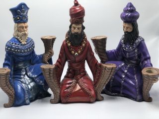 Vintage Three Kings Wisemen Set Hand Painted Candle Holders Christmas