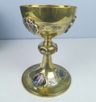 Antique French Gilt Sterling Chalice And Paten Red Fired Enamel Medallions TLC 2