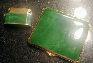 Vintage Stratton Augusta Green Enamel Lighter,  Scalloped Cigarette Case Set