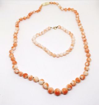 Vtg Fine Natural Angel Skin Pink Coral Necklace & Bracelet Graduated 35.  7 Grams