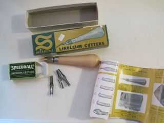 Vintage Speedball Linoleum Cutter W/ 3 Blades Wood Handle Looks