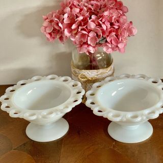 Set of 2 - Vintage Anchor Hocking Old Colony Lace White Milk Glass Footed Dish 2