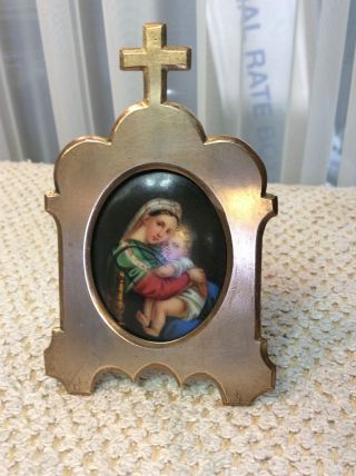 Antique Religious Portrait Of Mother And Child On Porcelain In Gilt Bronze Frame
