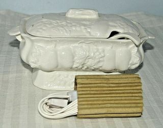 Vintage Ceramic Gravy Warmer & Lid Electric Plug In Cord Warming Dish