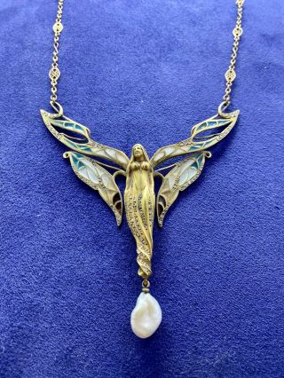 Pendant Art Nouveau Lady Enamel,  Diamonds,  18k Gold