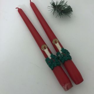 Vtg Xmas Red Taper Candles Christmas Holly Berries 10” Candlelight 3 - D Design.